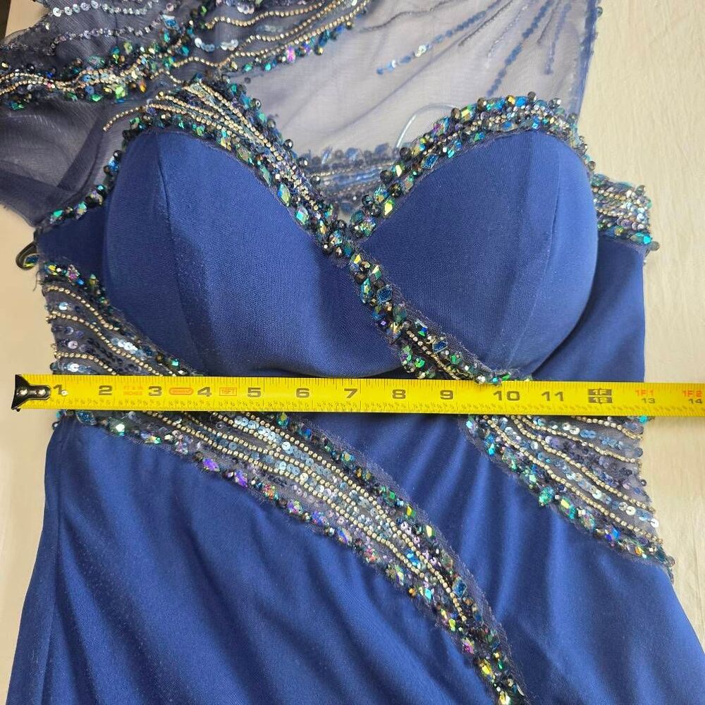 TONY BOWLS Blue Beaded One Shoulder Prom Gown - Picture 15 of 16